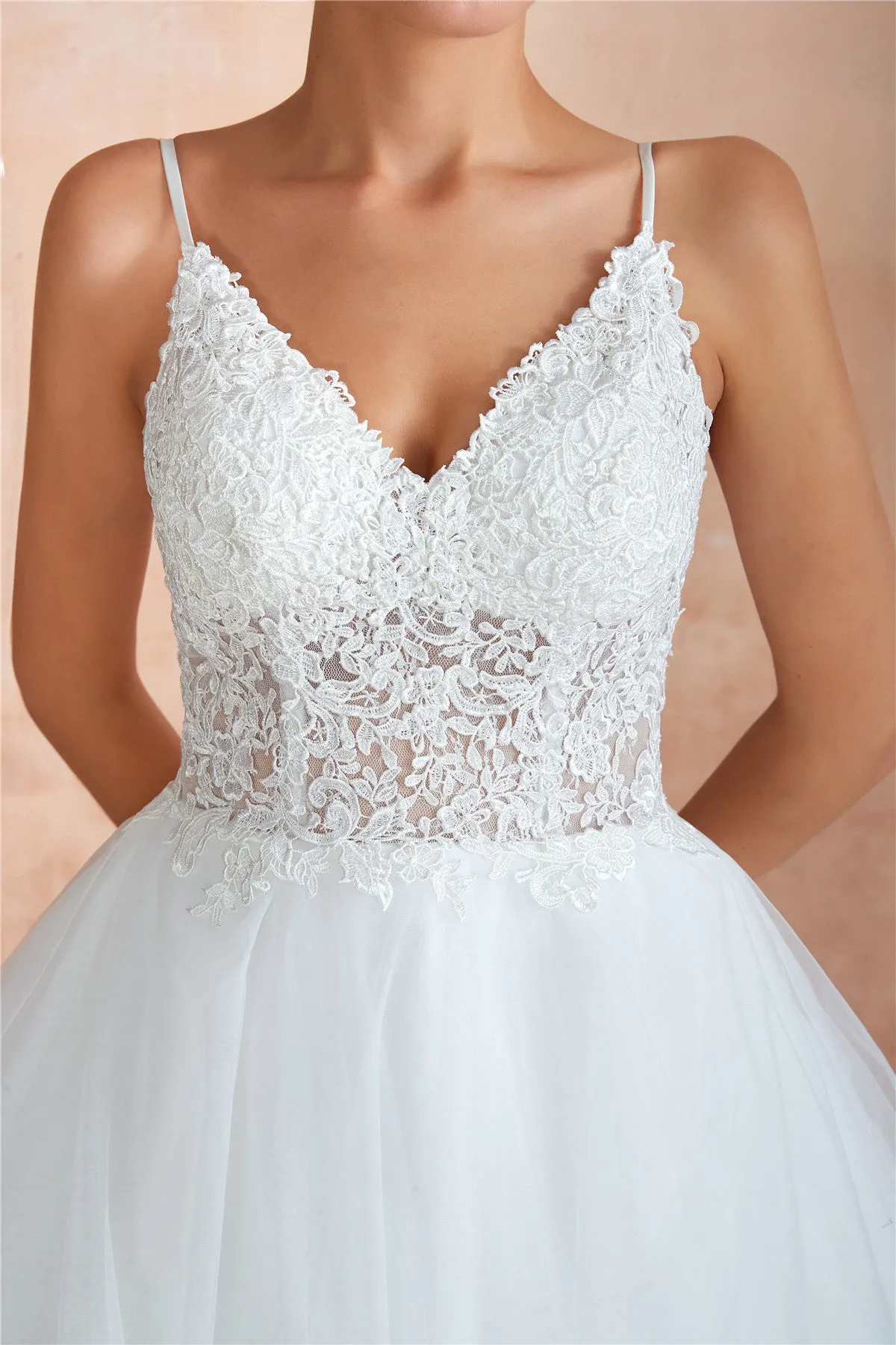 Long Lace-Up Back A-line Straps White Wedding Dress with Lace