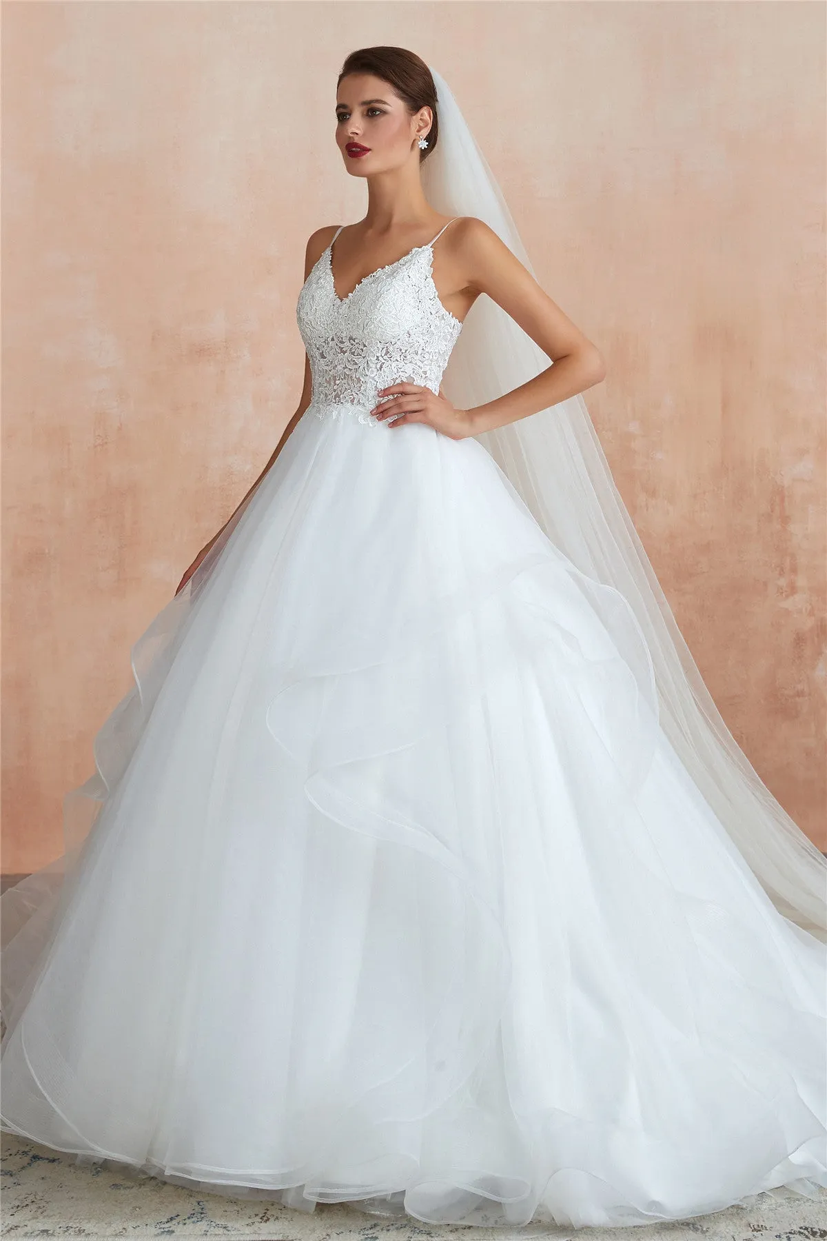 Long Lace-Up Back A-line Straps White Wedding Dress with Lace