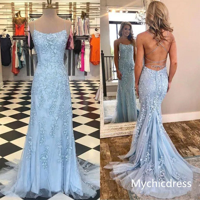 Long Mermaid Yellow Prom Dresses Lace Evening Dress Spaghetti Straps