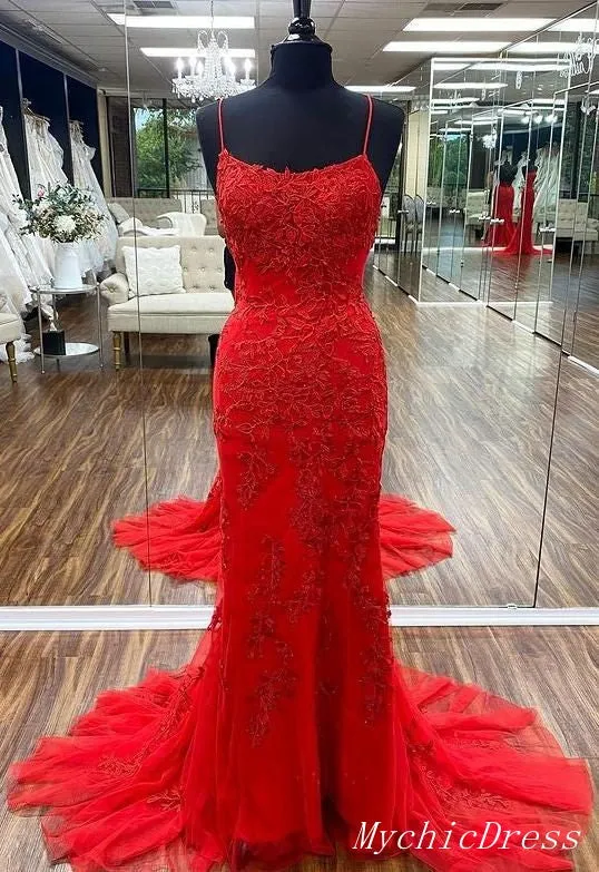 Long Mermaid Yellow Prom Dresses Lace Evening Dress Spaghetti Straps
