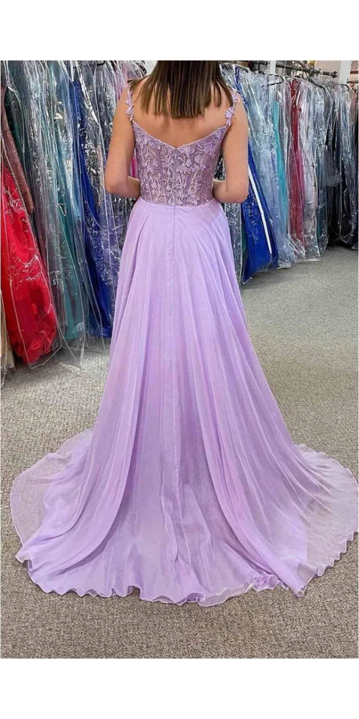Long Prom Dresses Blue Lace Off Shoulder Evening Dress with Slit