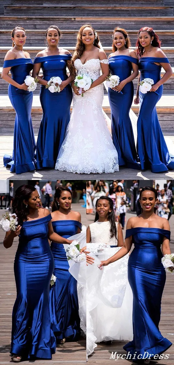 Long Satin Mermaid Bridesmaid Dresses Royal Blue Wedding Guest Dress Off Shoulder
