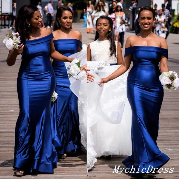 Long Satin Mermaid Bridesmaid Dresses Royal Blue Wedding Guest Dress Off Shoulder