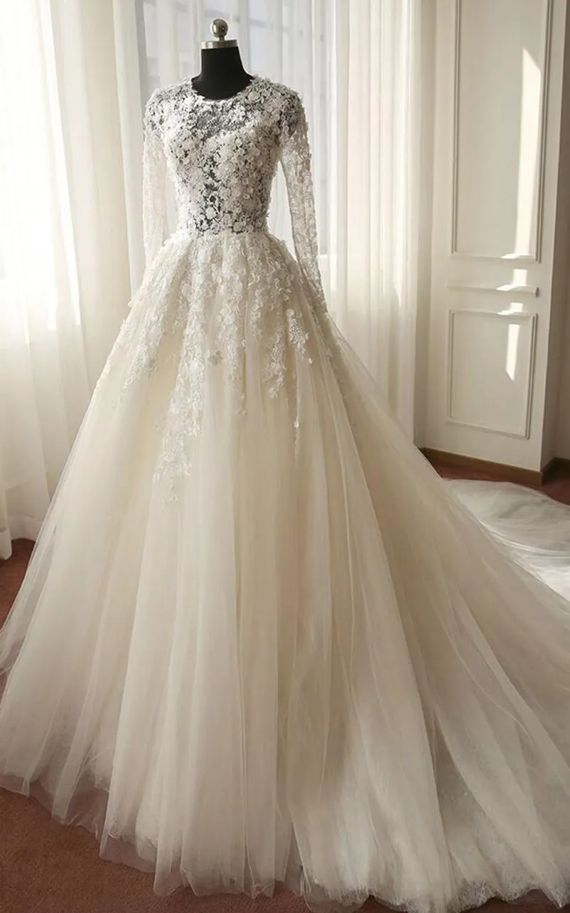 Long Sleeve Illusion Bodice Tulle Ball Gown Wedding Dress with Lace Applique-714020