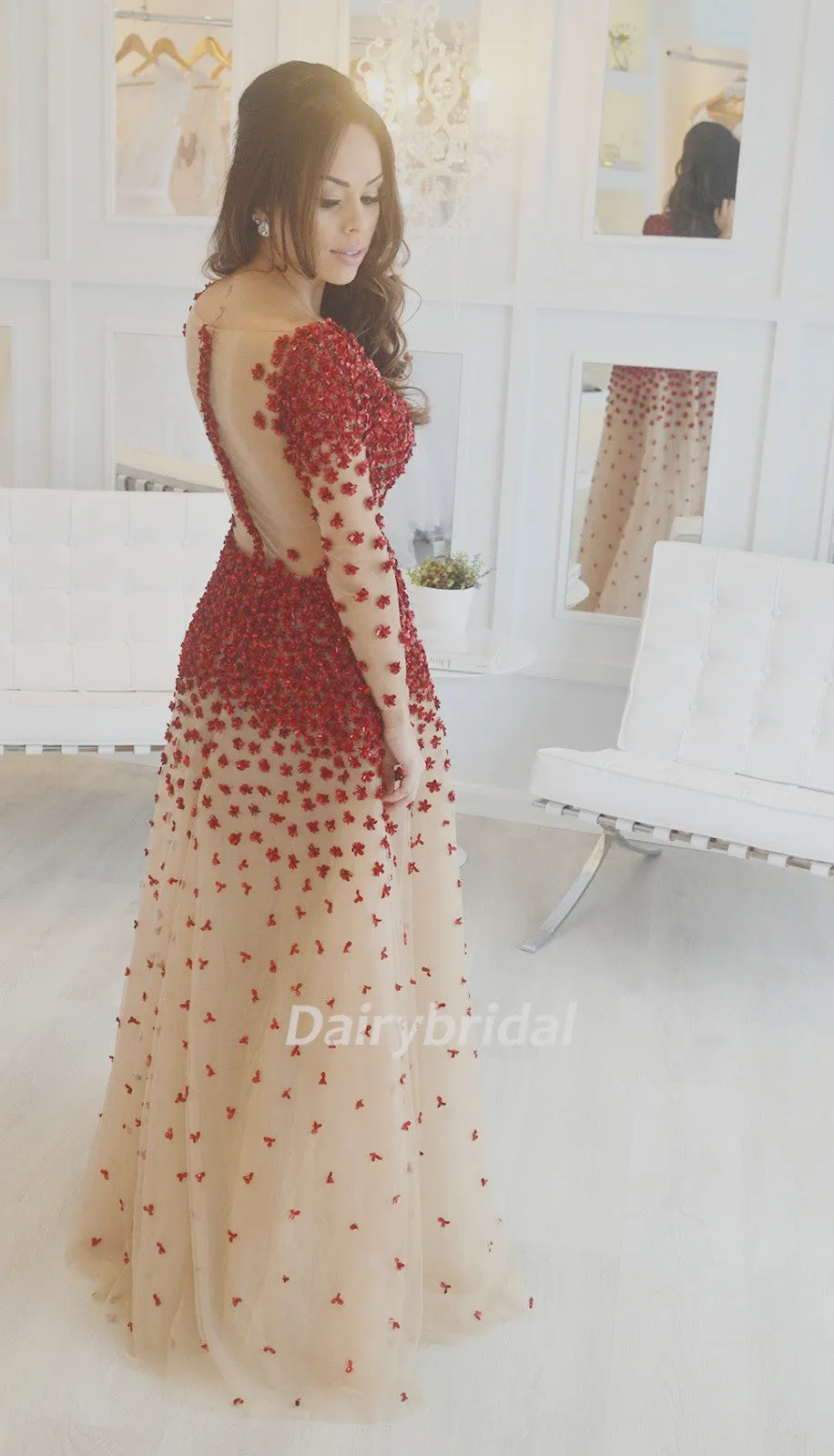 Long Sleeve Prom Dress, Tulle Prom Dress, Boat Neckline Prom Dress, D23