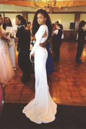 Long Sleeves Backless White Mermaid Prom High Neck Royal Blue Graduation Dress