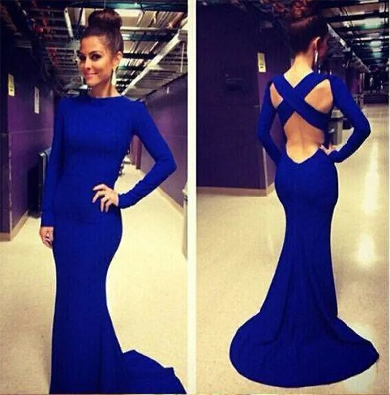 Long Sleeves Backless White Mermaid Prom High Neck Royal Blue Graduation Dress