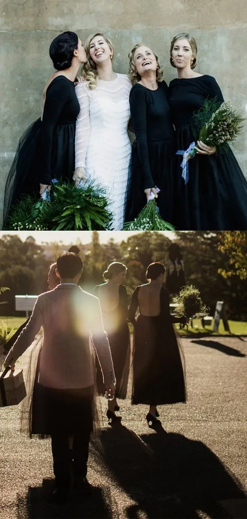Long Sleeves Black Jersey Top Tulle Skirt Bridesmaid Dresses, TYP1857