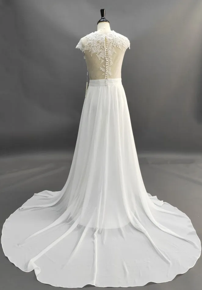 Lovely Simple Beach Lace Appliqued Cap Sleeves Chiffon Wedding Dress