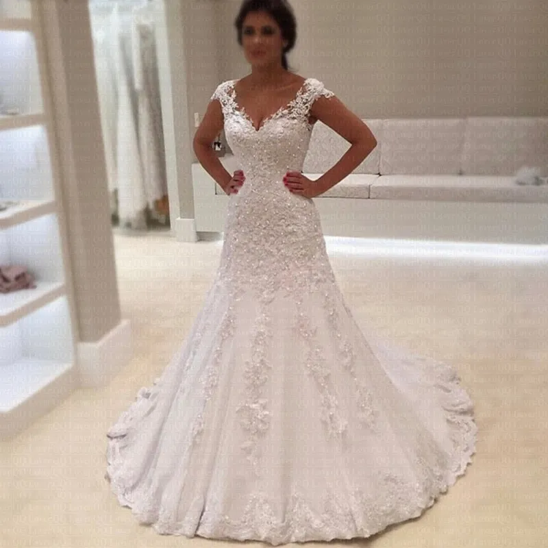 Luxury Pearls Lace Mermaid Wedding Dress Custom Made Bridal Gown Robe de mariage