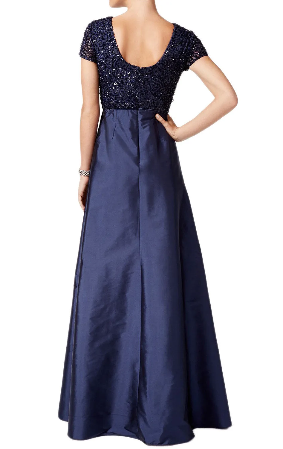 MACloth Cap Sleeves Sequin Taffeta Evening Gown Dark Navy Mother of the Brides Dress