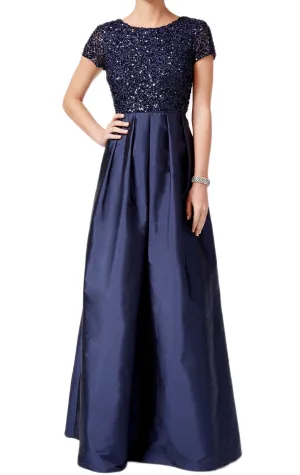 MACloth Cap Sleeves Sequin Taffeta Evening Gown Dark Navy Mother of the Brides Dress