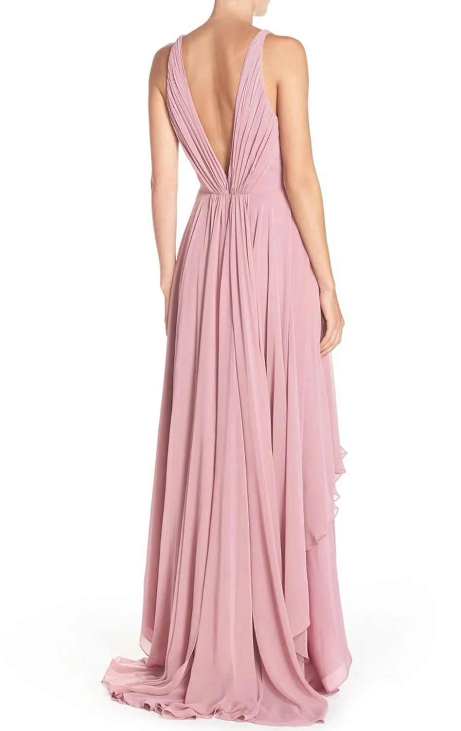 MACloth Deep V Neck Chiffon High Low Formal Gown Pearl Pink Prom Dress