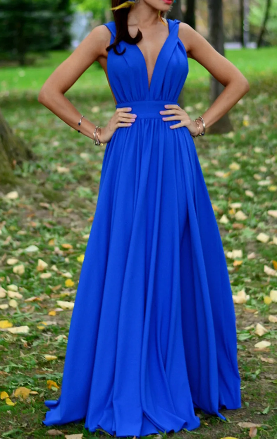 MACloth Deep V Neck Jersey Sexy Prom Dress Royal Blue Formal Evening Gown
