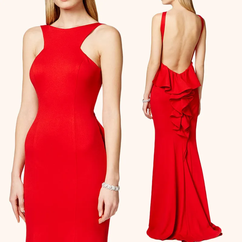 MACloth Halter O Neck Jersey Long Prom Dress Red Formal Gown