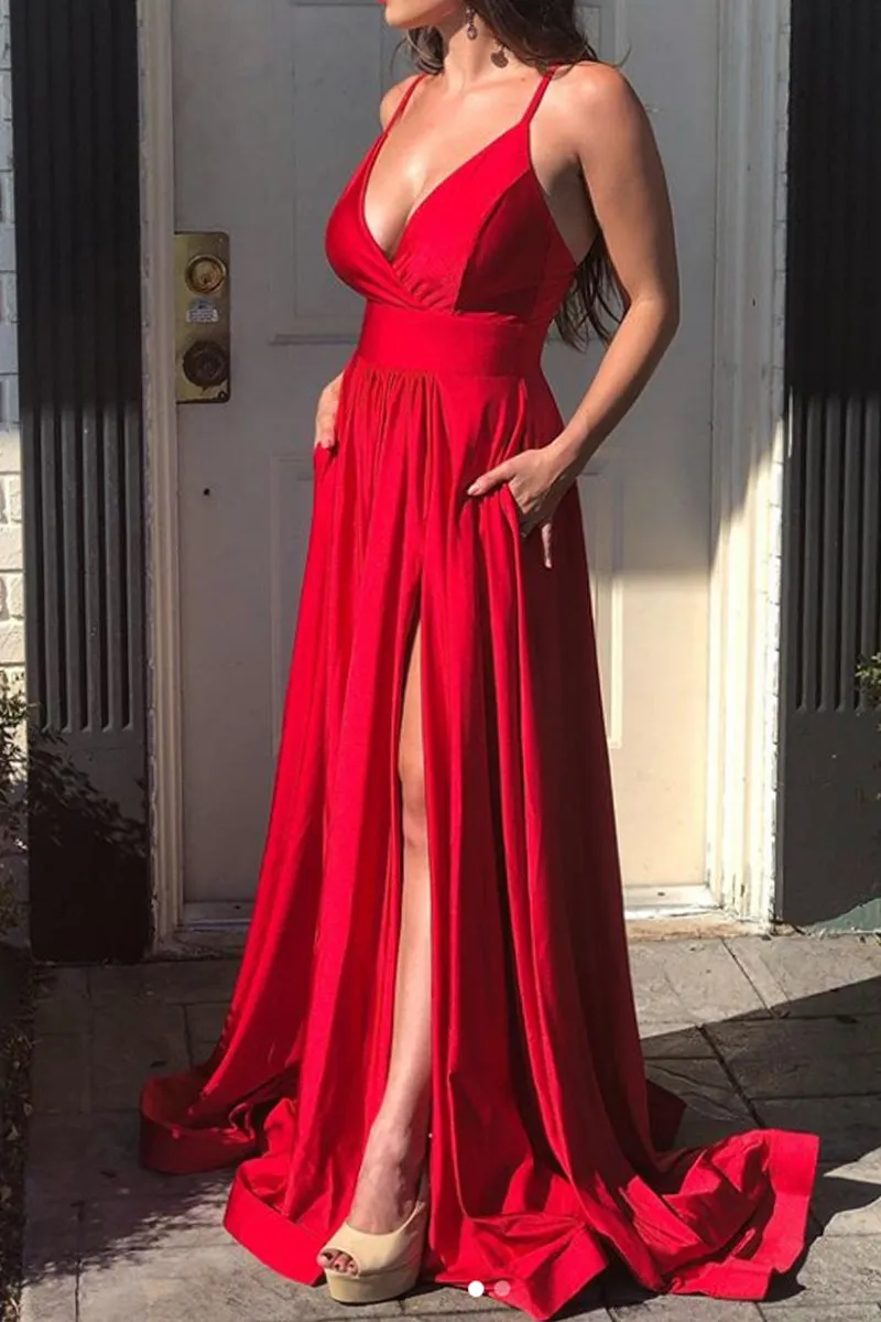 MACloth Spaghetti Straps V Neck Jersey Evening Formal Gown Royal Blue Long Bridesmaid Dress