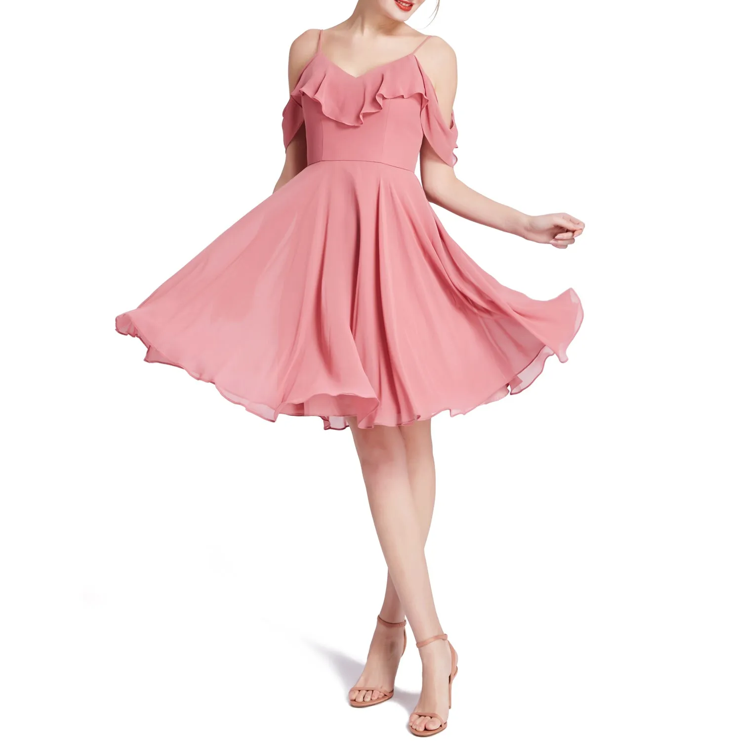 MACloth Women Cold Shoulder Ruffle Short Wedding Party Bridesmaid Dresses