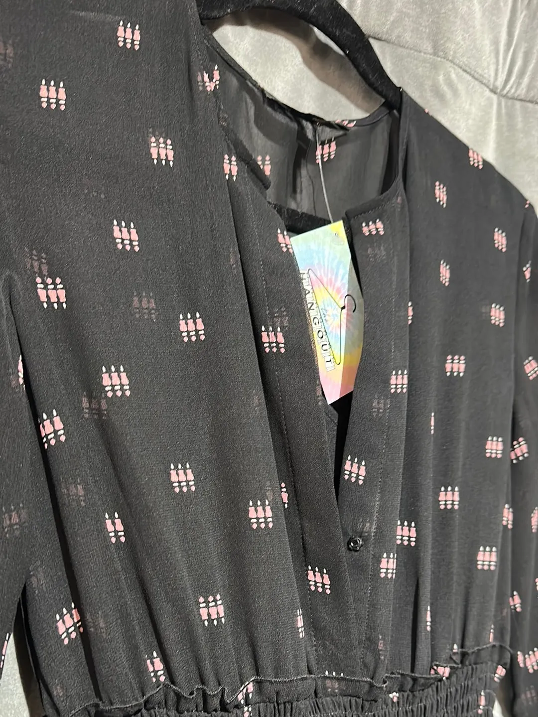 Maje Black and Pink Chiffon like Fabric Long Sleeve Handkerchief Bottom Dress