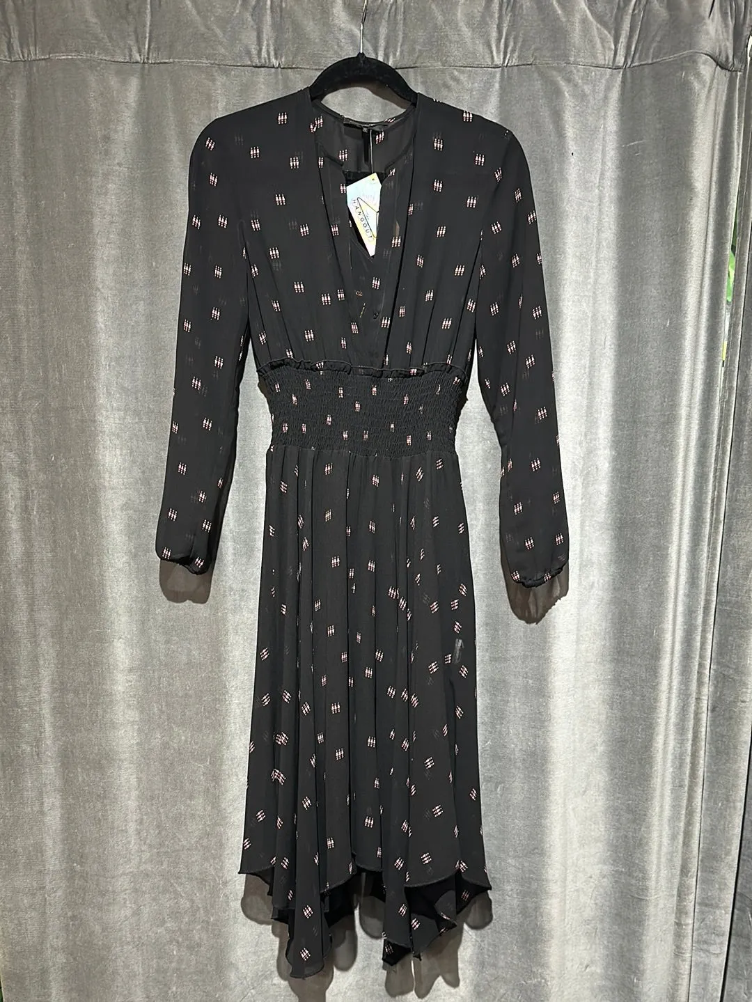 Maje Black and Pink Chiffon like Fabric Long Sleeve Handkerchief Bottom Dress