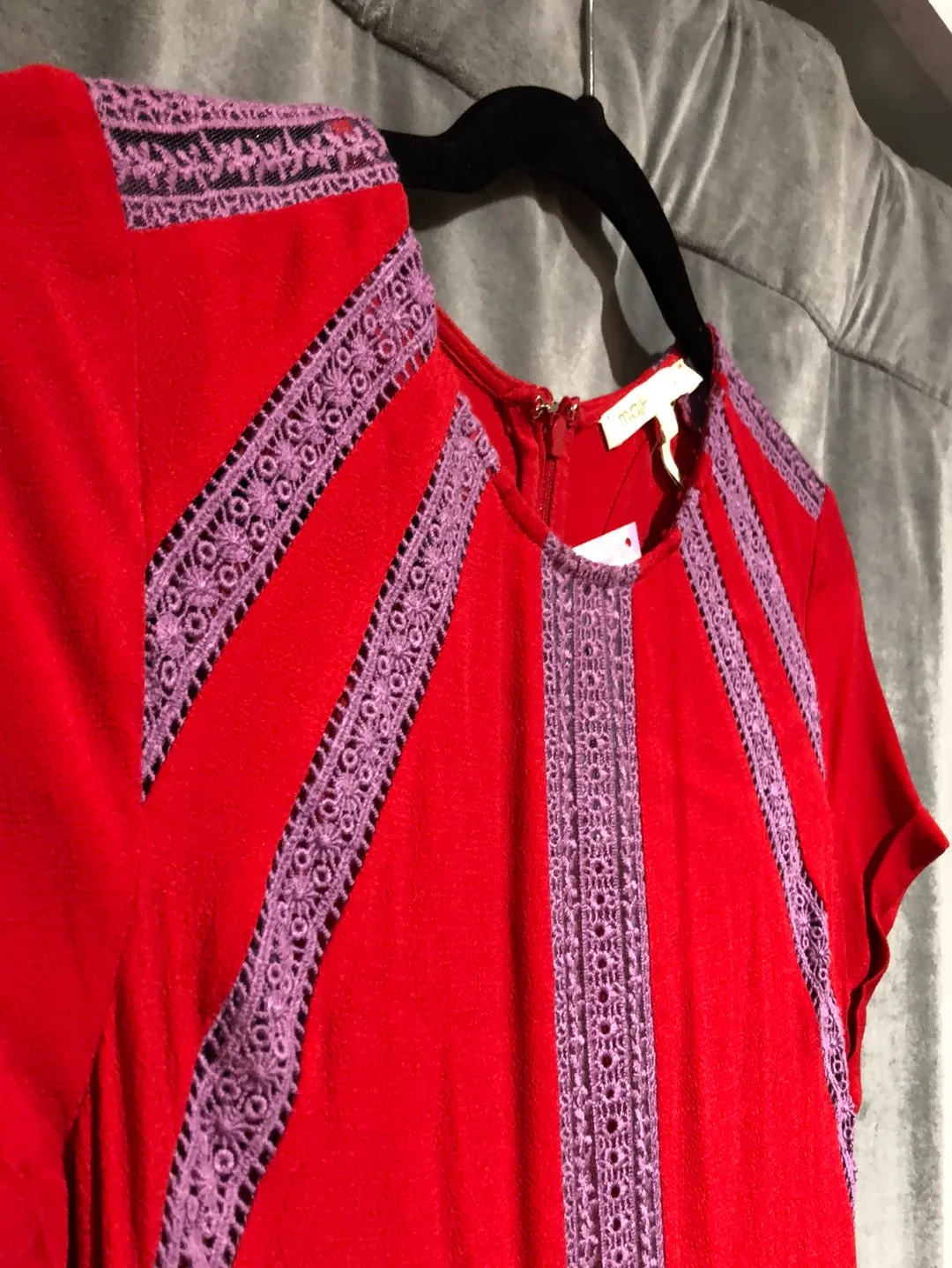 Maje Red and Purple Lace Trim Short Sleeve Dress