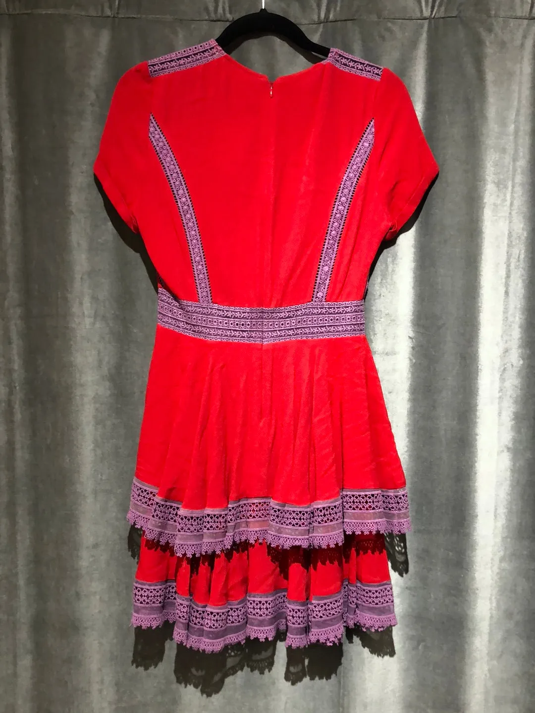 Maje Red and Purple Lace Trim Short Sleeve Dress