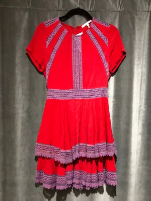 Maje Red and Purple Lace Trim Short Sleeve Dress