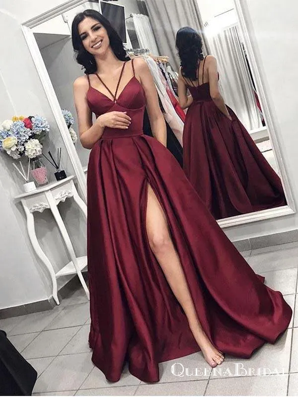 Maroon Spaghetti Straps Side Slit Long Evening Prom Dresses, QB0407