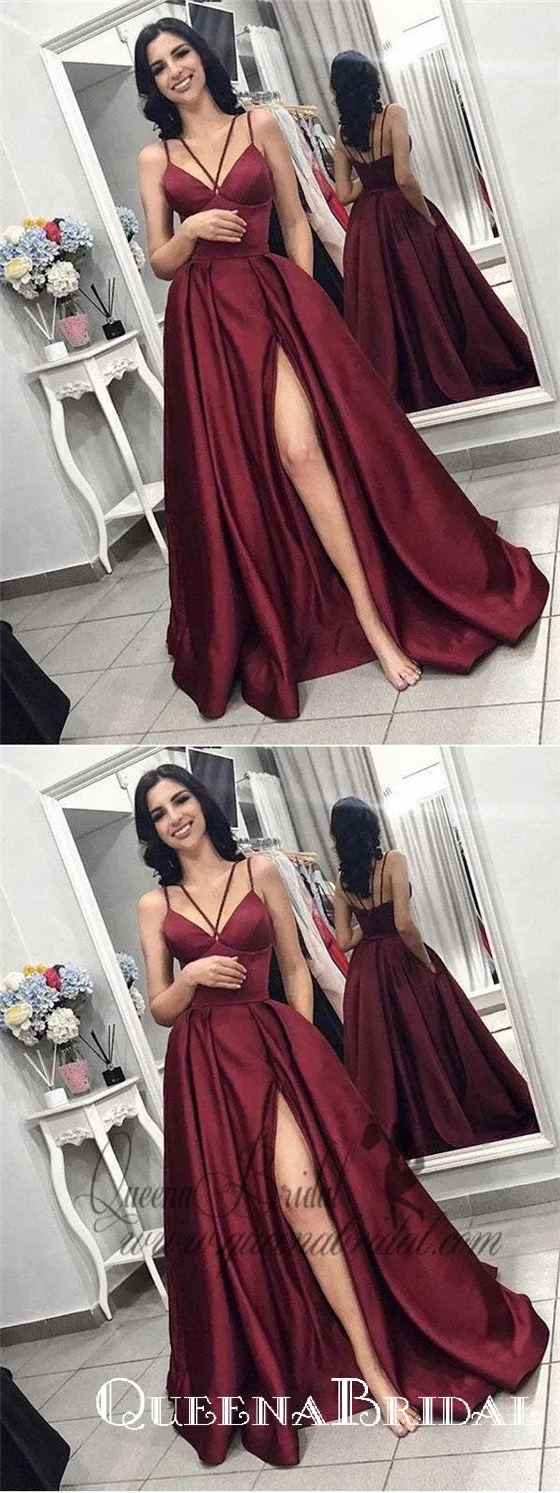 Maroon Spaghetti Straps Side Slit Long Evening Prom Dresses, QB0407