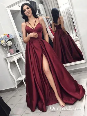 Maroon Spaghetti Straps Side Slit Long Evening Prom Dresses, QB0407