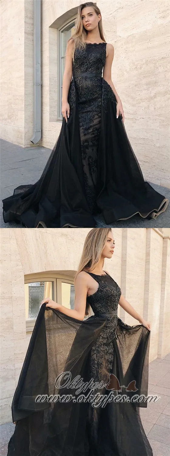 Mermaid Black Chiffon Sleeveless Prom Dress with Detachable Train Appliques, TYP1496