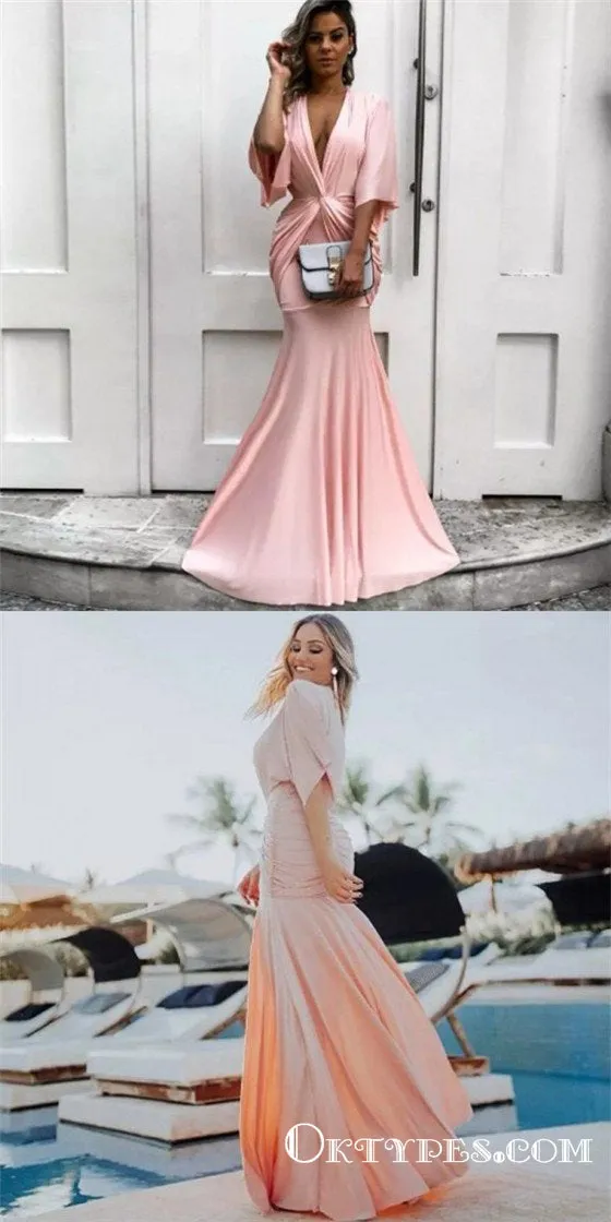 Mermaid Deep V-Neck Half Sleeves Ruched Pink Long Prom Dresses, TYP1625