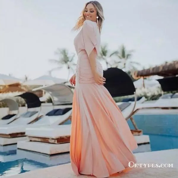 Mermaid Deep V-Neck Half Sleeves Ruched Pink Long Prom Dresses, TYP1625