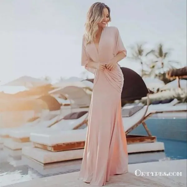 Mermaid Deep V-Neck Half Sleeves Ruched Pink Long Prom Dresses, TYP1625