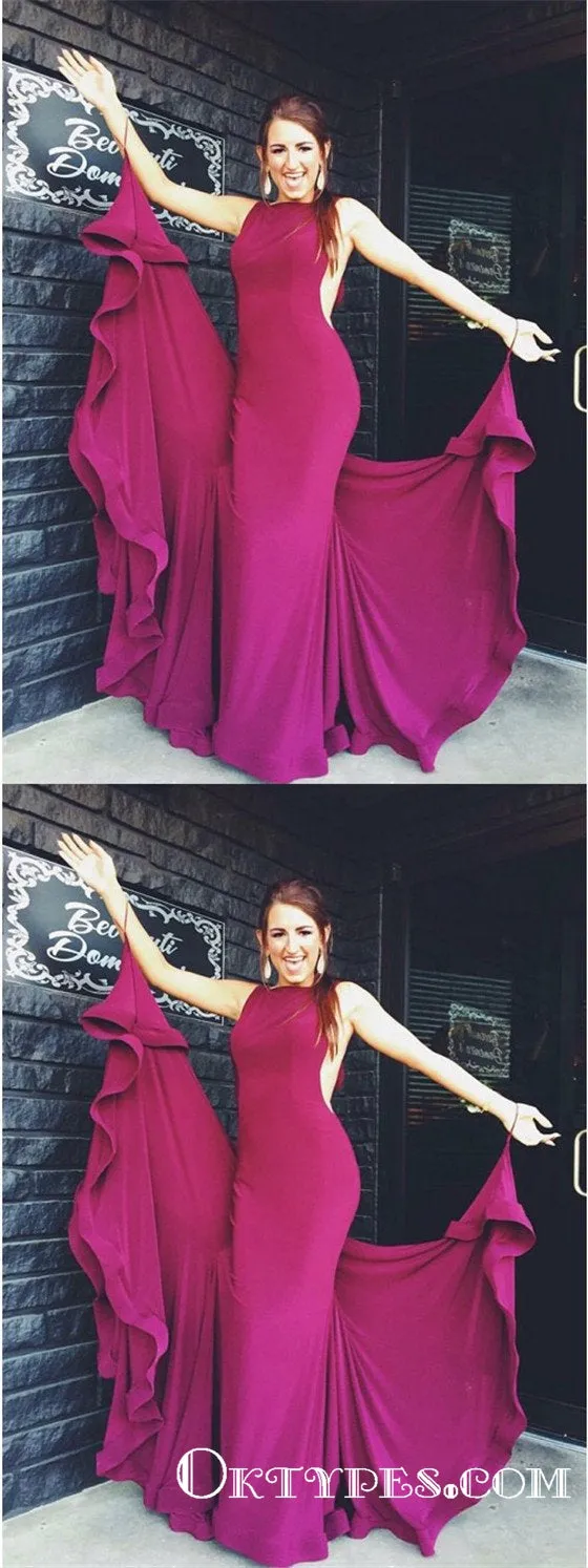 Mermaid Jewel Sweep Train Elastic Satin Long Cheap Prom Dresses, TYP1922