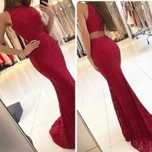 Mermaid Red Lace Prom Dresses Sleeveless Sweep-Train Dress