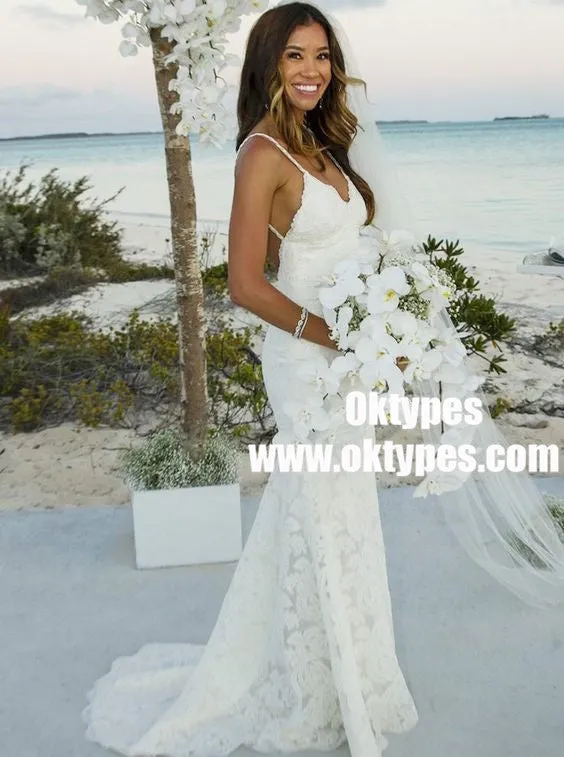 Mermaid Spaghetti Straps Backless Lace Beach Wedding Dresses, TYP0879