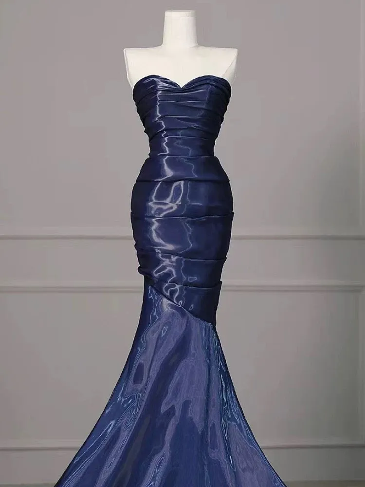 Mermaid Sweetheart Neck Water Satin Dark Blue Long Prom Dress, Dark Blue Formal Dress