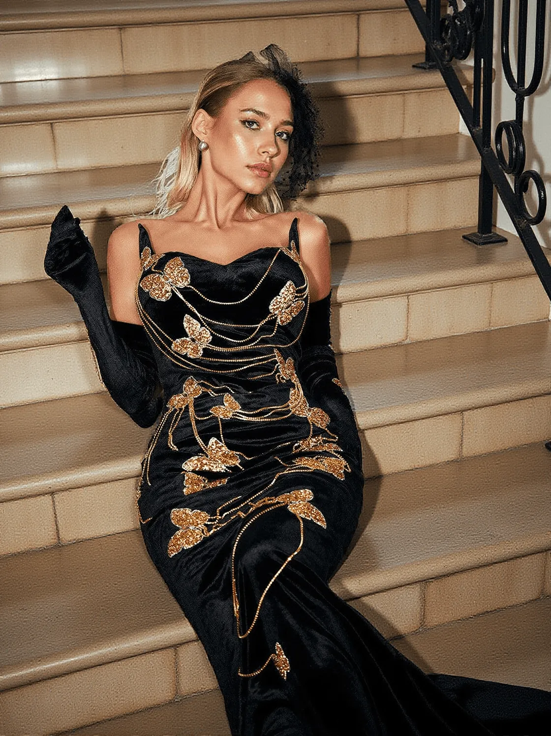 Miel Butterfly Chain Embellished Velvet Dress