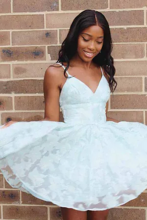 Mint Green A-line V-neck Backless Homecoming Dress With Lace Appliques, MH557