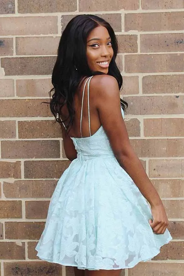 Mint Green A-line V-neck Backless Homecoming Dress With Lace Appliques, MH557