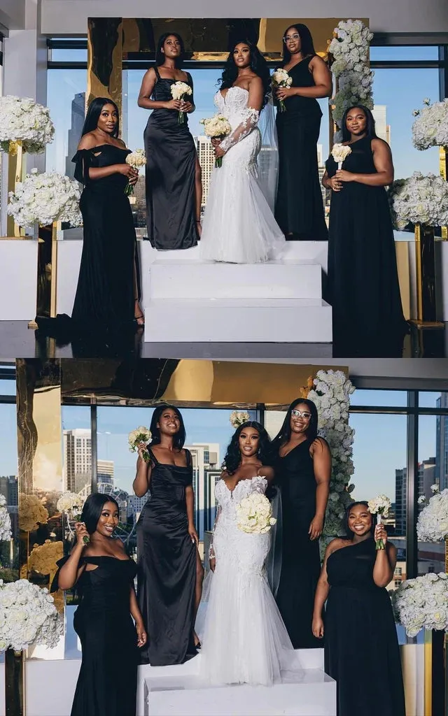 Mismatched Elegant Mermaid V-neck One Shoulder Black Satin Long Bridesmaid Dresses Online, BG677