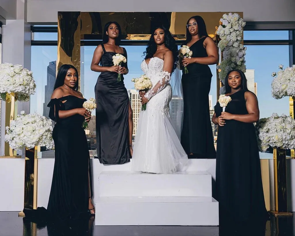 Mismatched Elegant Mermaid V-neck One Shoulder Black Satin Long Bridesmaid Dresses Online, BG677