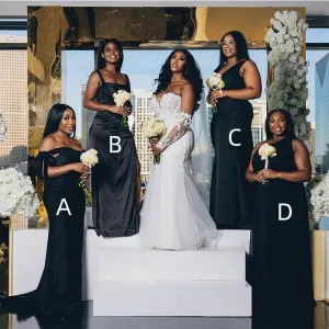 Mismatched Elegant Mermaid V-neck One Shoulder Black Satin Long Bridesmaid Dresses Online, BG677