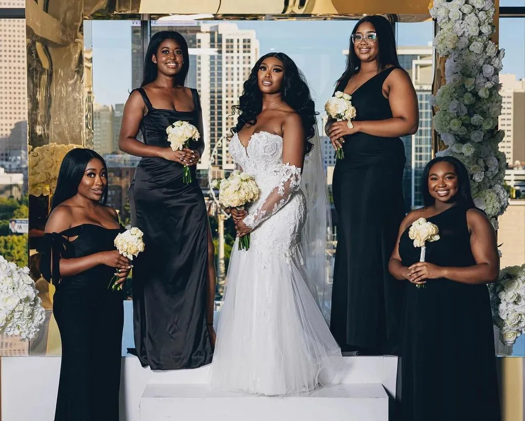 Mismatched Elegant Mermaid V-neck One Shoulder Black Satin Long Bridesmaid Dresses Online, BG677