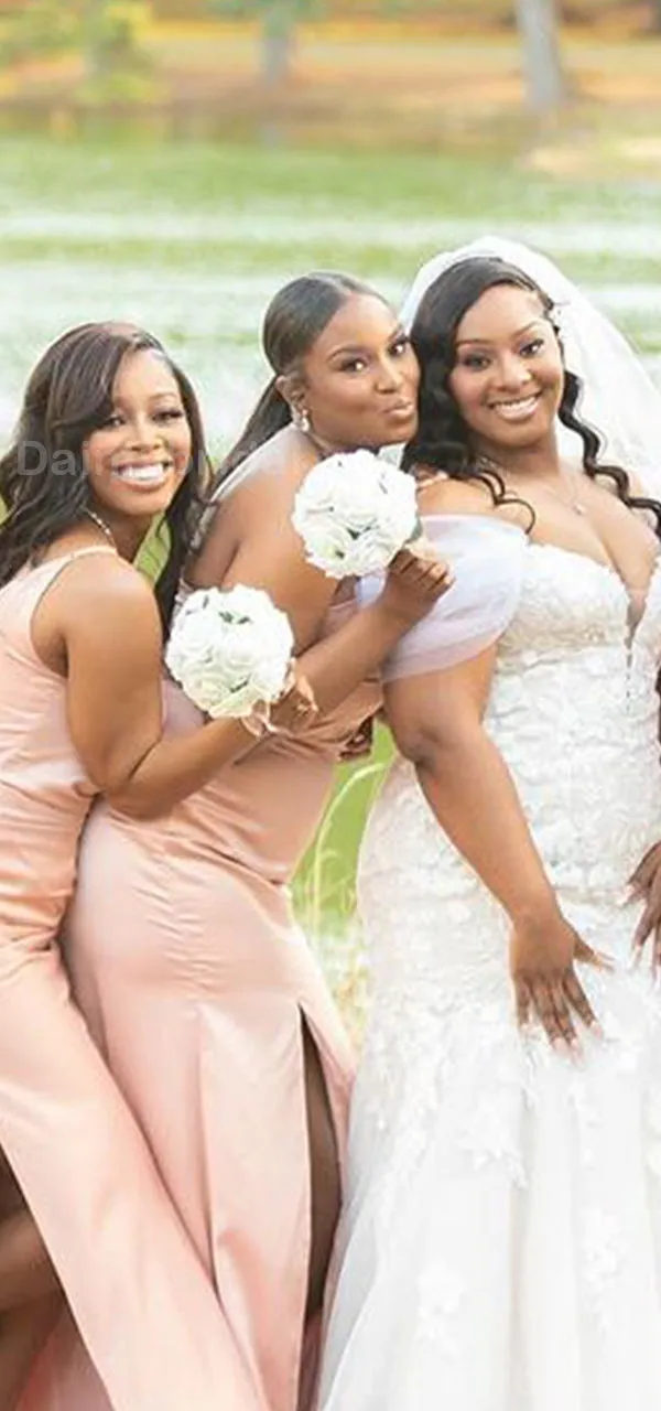 Mismatched One Shoulder Side Slit Mermaid Blushing Pink Satin Long Bridesmaid Dresses Online, BG739