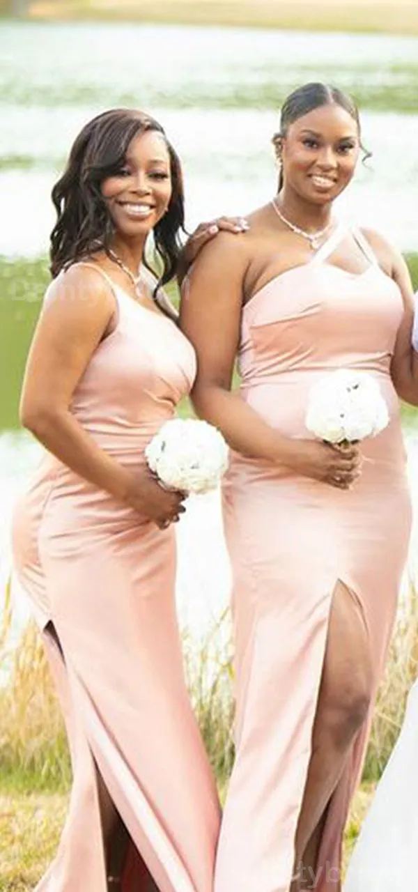 Mismatched One Shoulder Side Slit Mermaid Blushing Pink Satin Long Bridesmaid Dresses Online, BG739