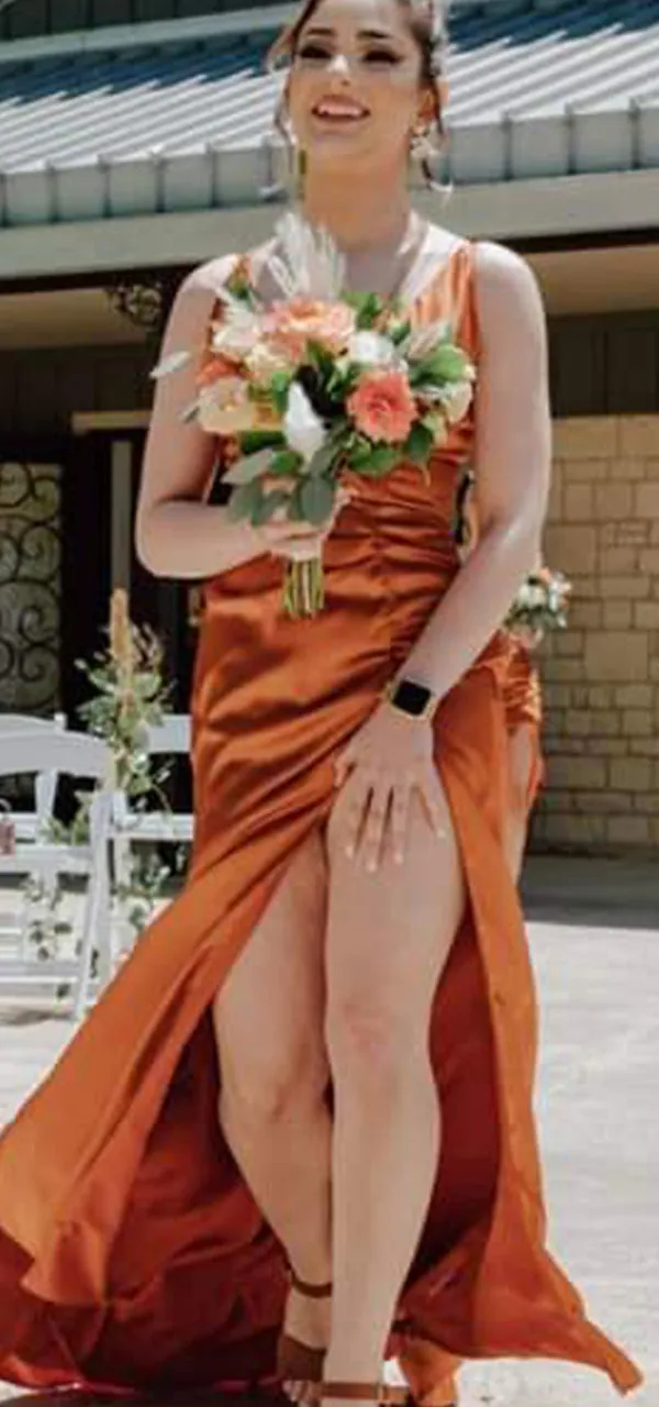 Mismatched Spaghetti Straps Side Slit V-neck Mermaid Satin Burnt Orange Long Bridesmaid Dresses Online, BG747