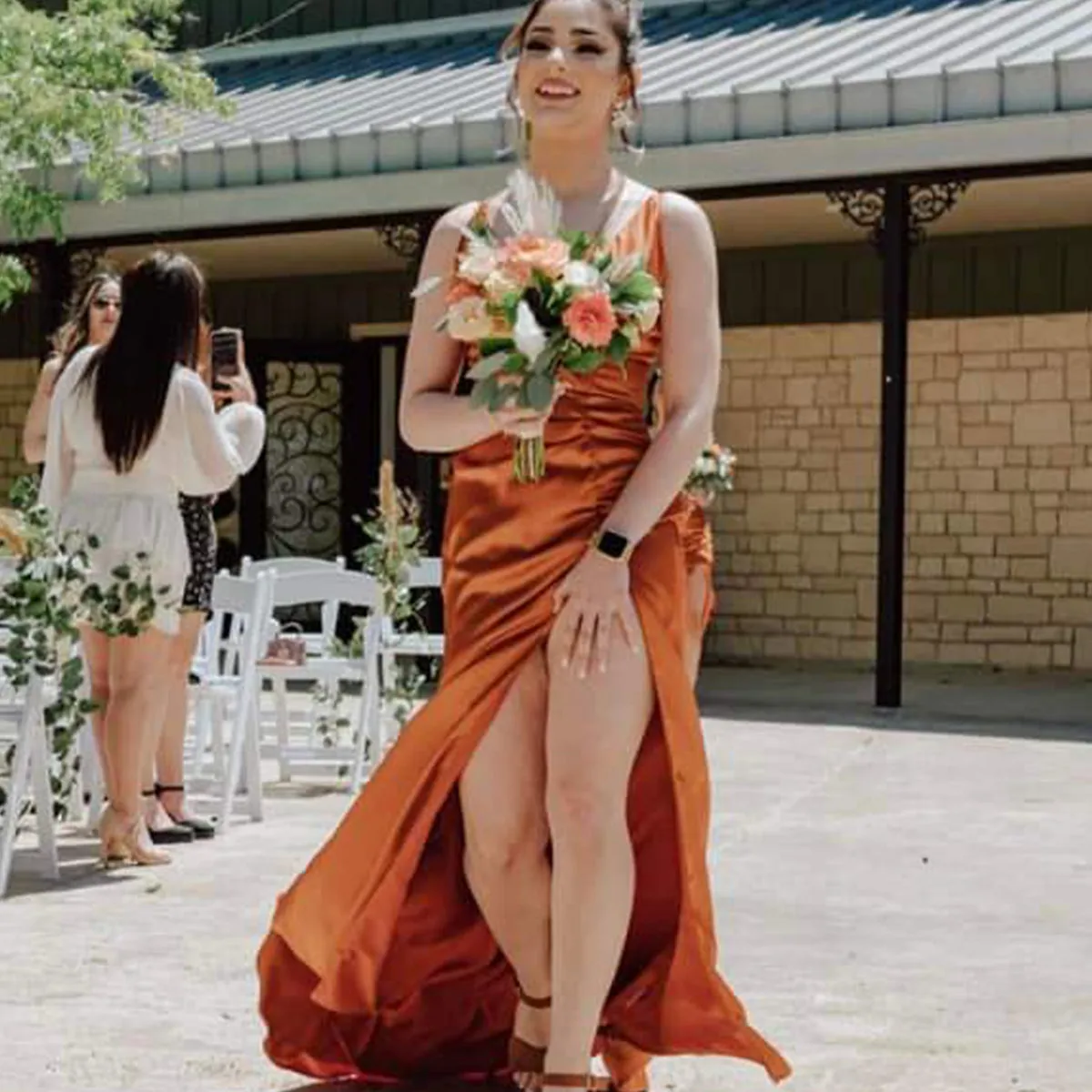 Mismatched Spaghetti Straps Side Slit V-neck Mermaid Satin Burnt Orange Long Bridesmaid Dresses Online, BG747