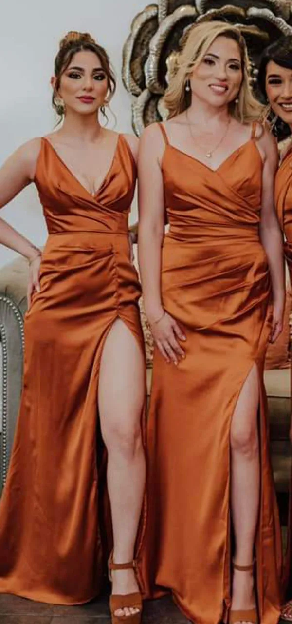 Mismatched Spaghetti Straps Side Slit V-neck Mermaid Satin Burnt Orange Long Bridesmaid Dresses Online, BG747