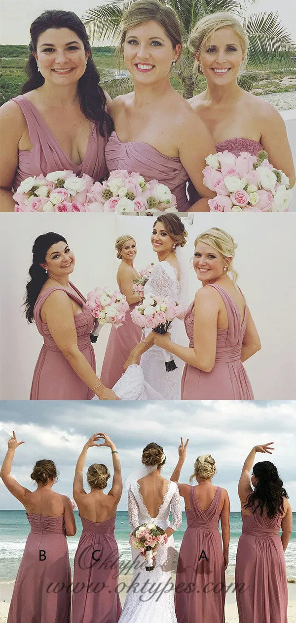 Mismatched V-Neck Long Dusty Pink Chiffon Bridesmaid Dresses with Pleats, TYP1535